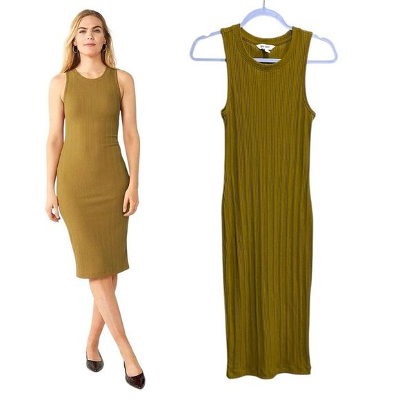 Nine West | XS Ribbed Tank Midi Dress Mustard Green Bodycon - Picture 1 of 11